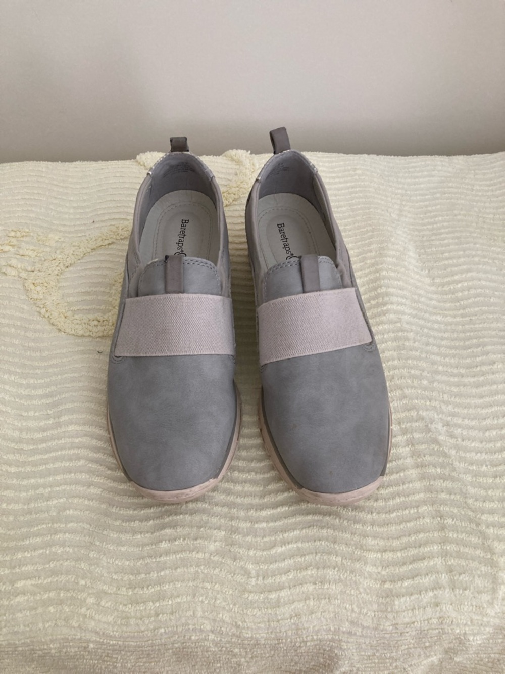 BareTraps Gray and Light Pink Slip-On Elastic Sneakers for Women